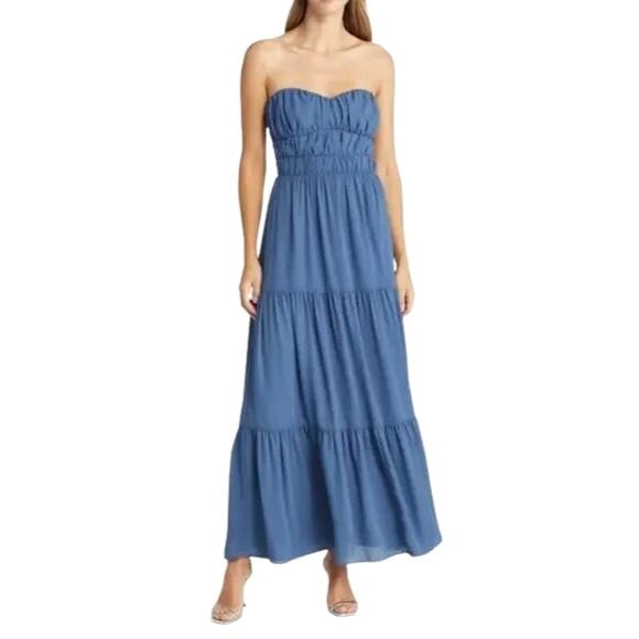 WAYF Talia Tiered Maxi Dress Strapless Smocked Stretchable Bodice Blue W M NWOT - Picture 1 of 9